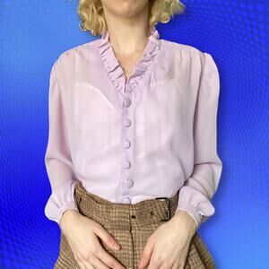 Vintage sheer blouse ruffle handmade lavender button down, size S
